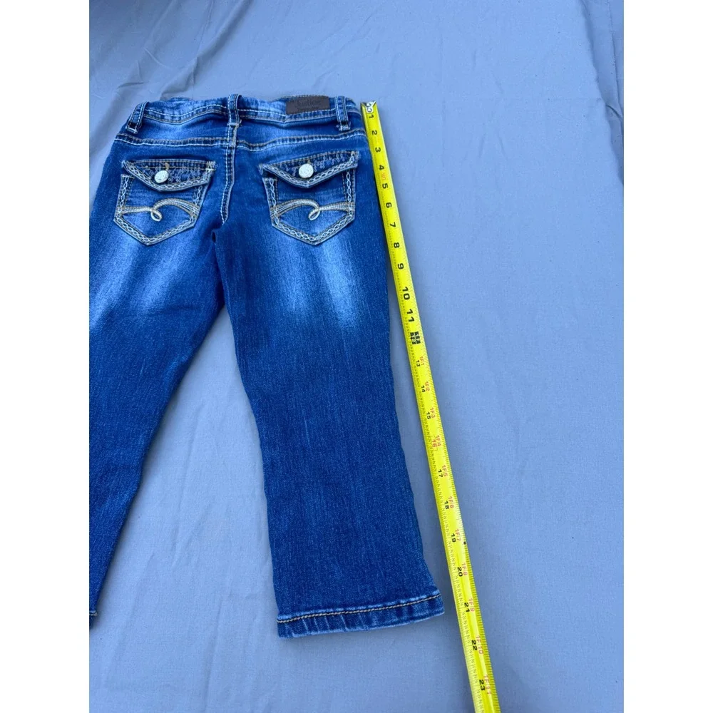 Justice Girls Premium Jeans Dark Wash Sequin Rhinestone Embellished Size 7R Blue